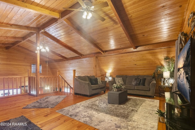 living room featuring vaulted ceiling with beams, wood walls, wooden ceiling, and hardwood / wood-style flooring