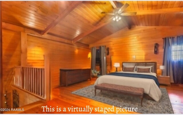 bedroom featuring hardwood / wood-style floors, vaulted ceiling with beams, wooden ceiling, and wood walls