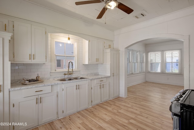 kitchen with a wealth of natural light, sink, light hardwood / wood-style floors, and backsplash