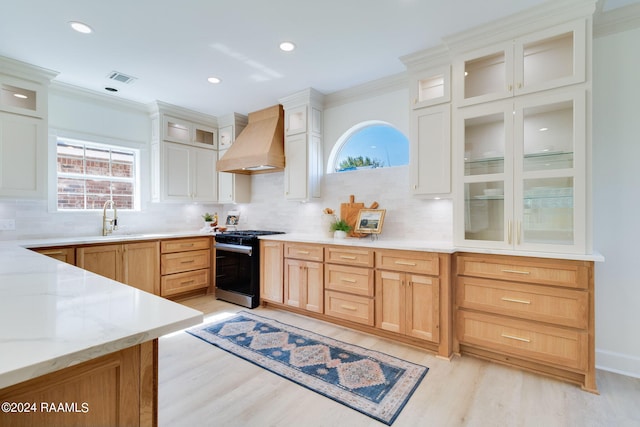 kitchen with decorative backsplash, gas range, crown molding, custom exhaust hood, and white cabinetry