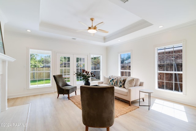 living room featuring light hardwood / wood-style flooring, a tray ceiling, and plenty of natural light