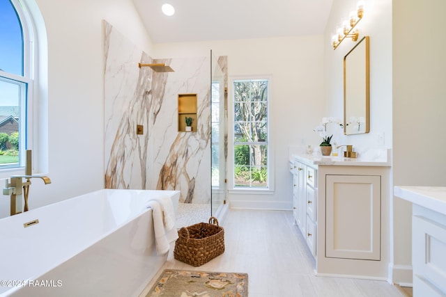 bathroom with vanity, plus walk in shower, and lofted ceiling