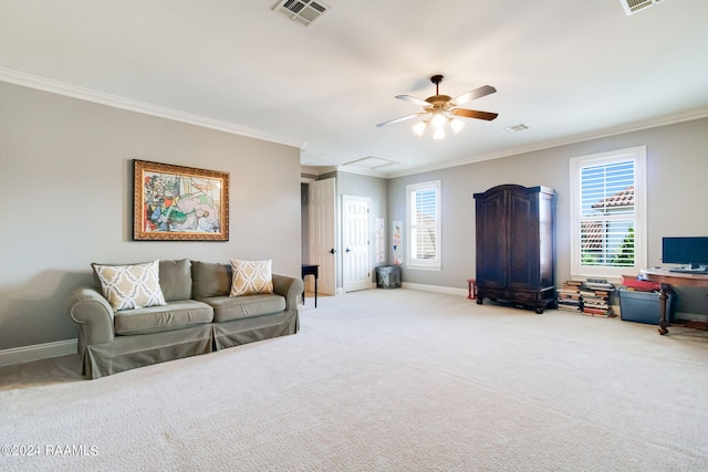 102 English Gardens Pkwy, Lafayette, LA 70503 - living area featuring a ceiling fan, visible vents, baseboards, ornamental molding, and carpet floors