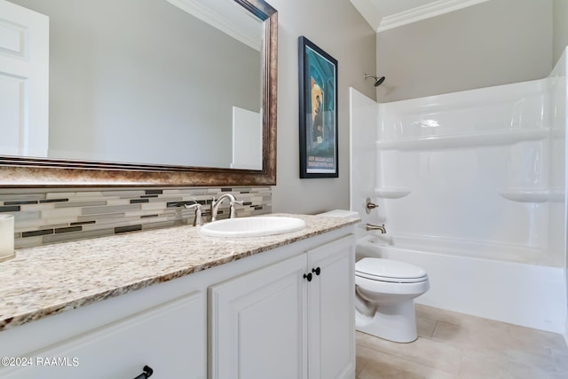 full bathroom with vanity, ornamental molding, shower / bath combination, backsplash, and toilet