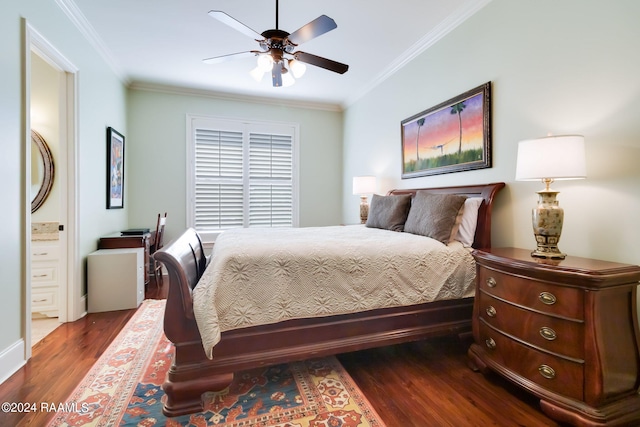 bedroom with ceiling fan, ornamental molding, ensuite bathroom, and dark wood-type flooring