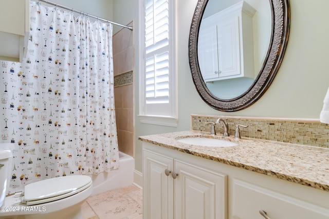 102 English Gardens Pkwy, Lafayette, LA 70503 - bathroom with toilet, vanity, shower / tub combo with curtain, and tasteful backsplash