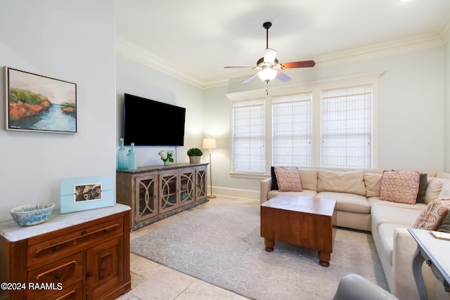 tiled living room with ornamental molding and ceiling fan