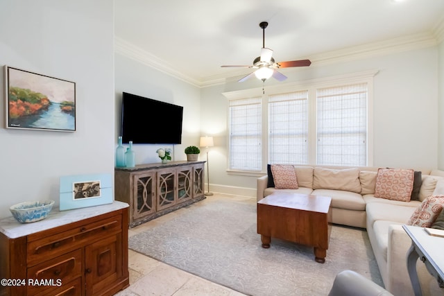 102 English Gardens Pkwy, Lafayette, LA 70503 - living area featuring crown molding, ceiling fan, and baseboards