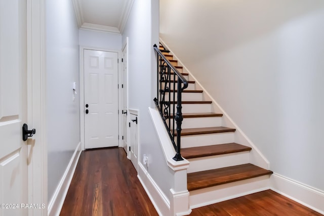 stairway with wood-type flooring and ornamental molding