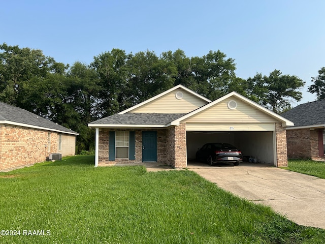 single story home featuring a front lawn, central air condition unit, and a garage