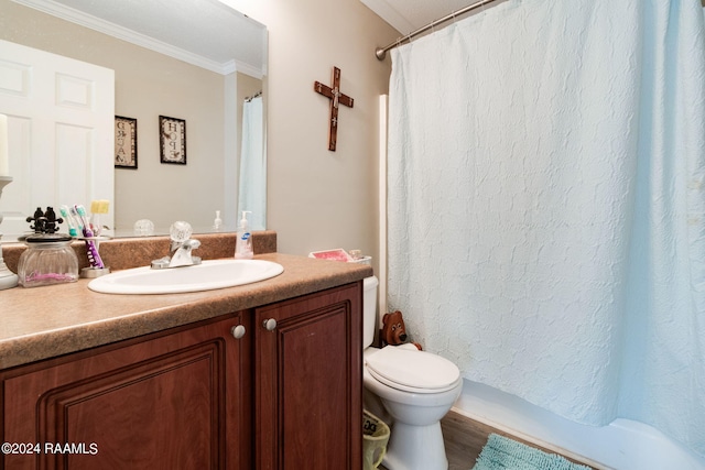 full bathroom with vanity, ornamental molding, shower / bath combo, wood-type flooring, and toilet