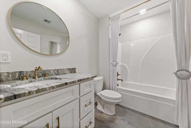 full bathroom with shower / washtub combination, vanity, concrete flooring, and toilet