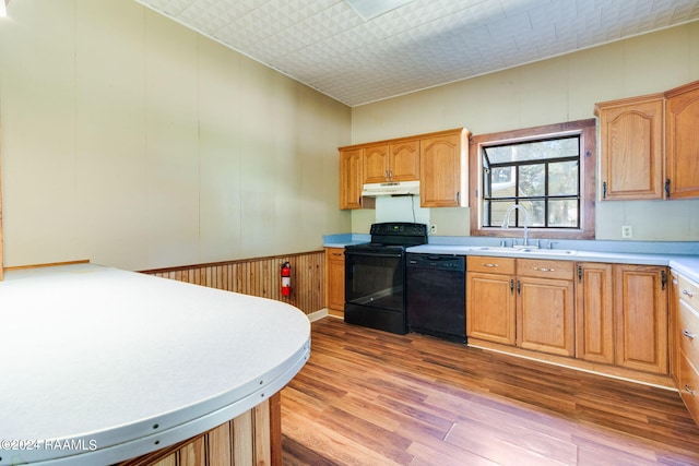 kitchen featuring sink, black appliances, and light hardwood / wood-style floors