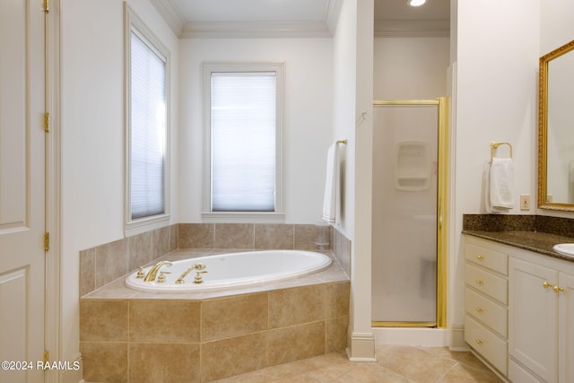 bathroom with independent shower and bath, vanity, crown molding, and tile patterned floors