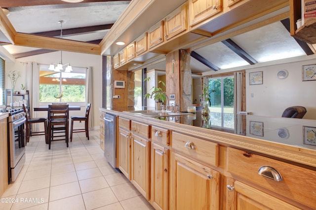 kitchen with hanging light fixtures, vaulted ceiling with beams, sink, a notable chandelier, and stainless steel appliances