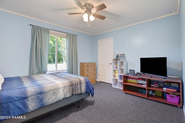 carpeted bedroom featuring ceiling fan and crown molding