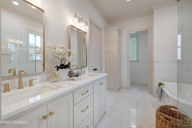 full bath with a freestanding tub, ornamental molding, and a sink