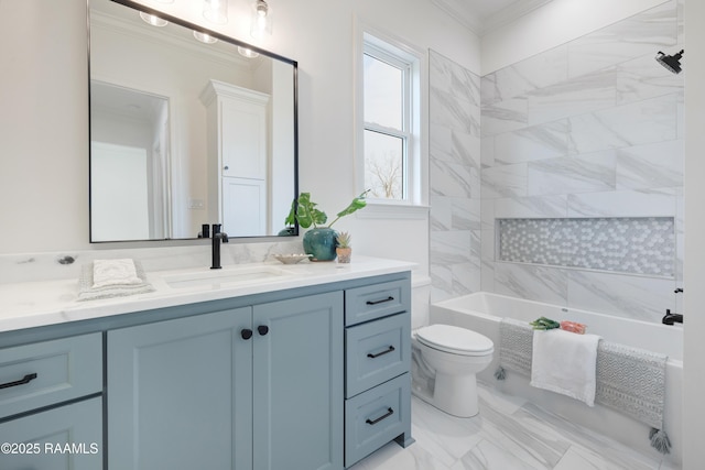 full bath with marble finish floor, crown molding, bathing tub / shower combination, toilet, and vanity