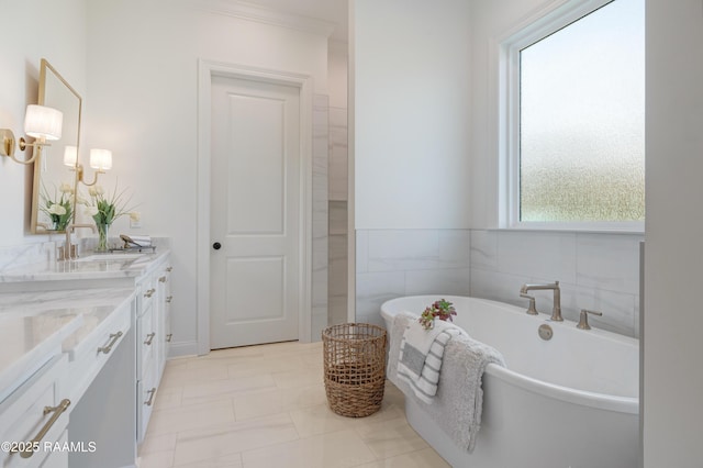 bathroom featuring double vanity, a freestanding tub, and a sink