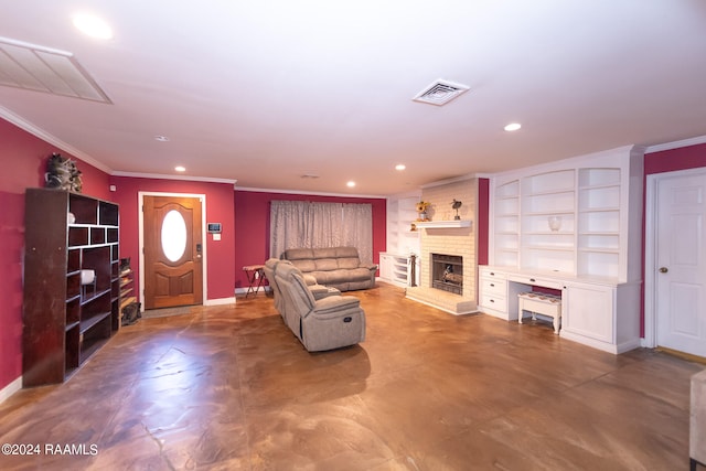 living room with crown molding and a fireplace