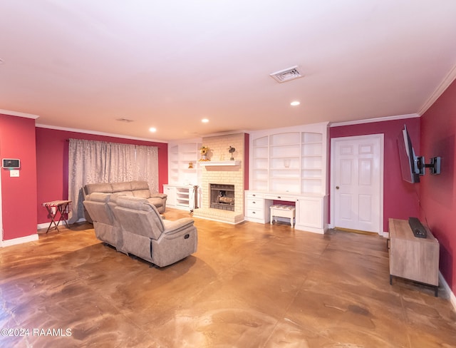 living room with ornamental molding and a fireplace