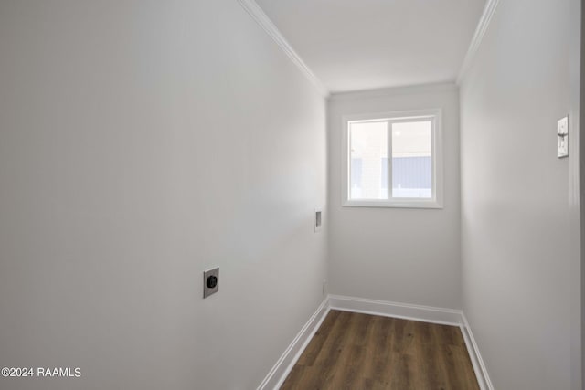 clothes washing area with crown molding, hookup for an electric dryer, and dark hardwood / wood-style flooring