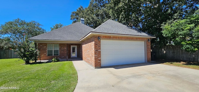 view of front of home with a front yard and a garage