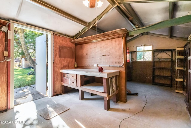 miscellaneous room with lofted ceiling, a workshop area, and plenty of natural light