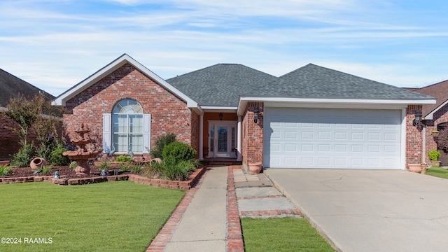 view of front of property with a front lawn and a garage