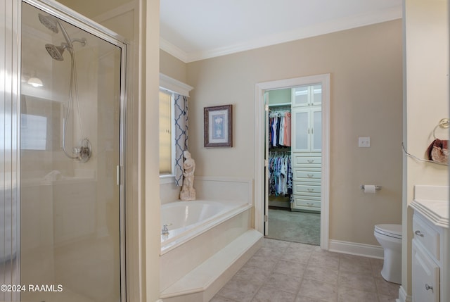 full bathroom with independent shower and bath, toilet, vanity, crown molding, and tile patterned flooring