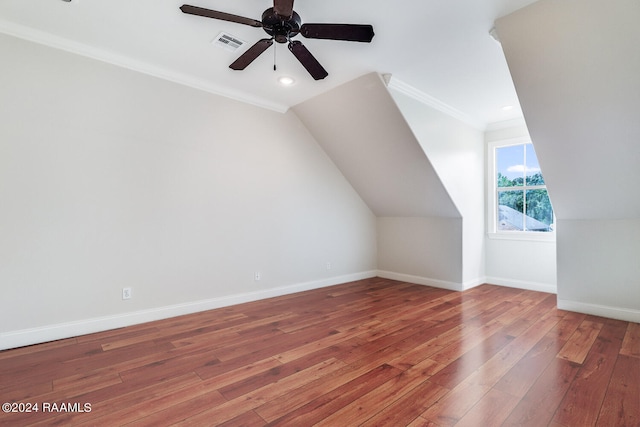 bonus room featuring lofted ceiling, wood-type flooring, and ceiling fan