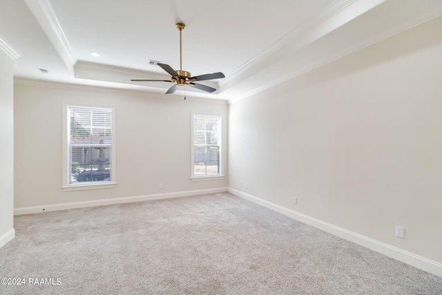 carpeted spare room featuring ornamental molding, ceiling fan, and a raised ceiling