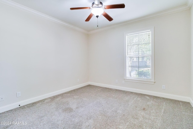 unfurnished room with ornamental molding, carpet flooring, and ceiling fan