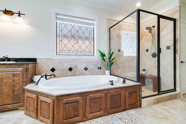 bathroom with crown molding, sink, tile patterned floors, and separate shower and tub