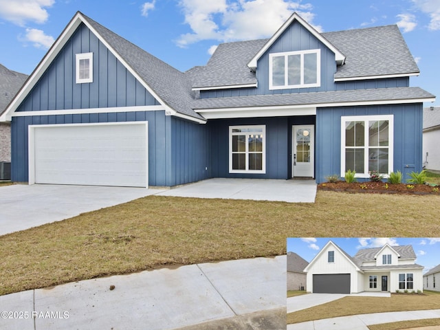 303 Decatur Ln, Lafayette, LA 70503 - modern farmhouse featuring driveway, roof with shingles, a front yard, central AC unit, and board and batten siding
