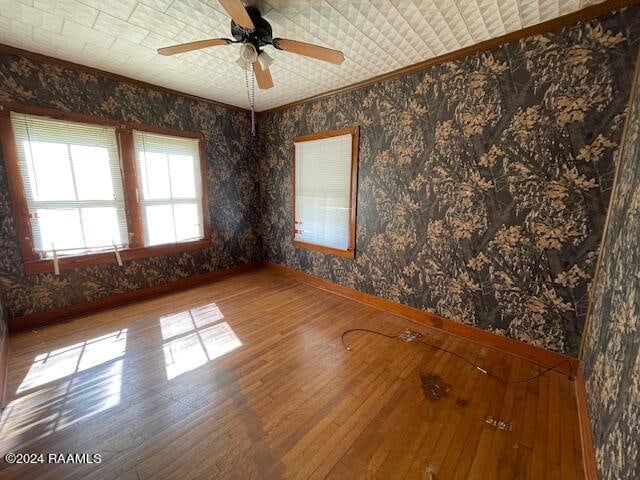 spare room featuring wood-type flooring and ceiling fan