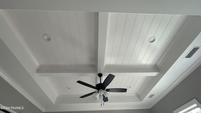 details with ceiling fan and beam ceiling