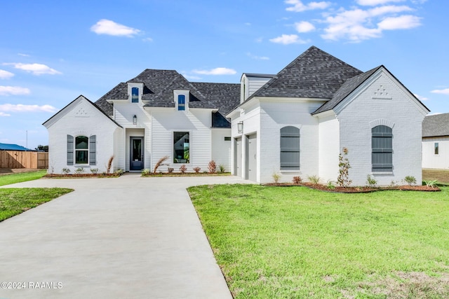 french provincial home with a front lawn