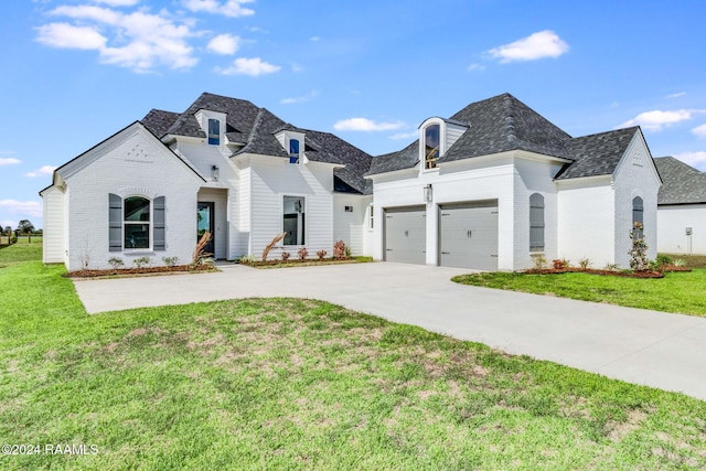 french provincial home with a front lawn