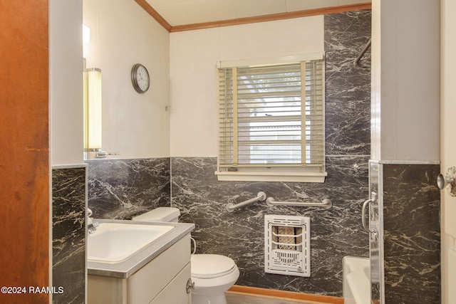 bathroom featuring toilet, tile walls, heating unit, walk in shower, and vanity