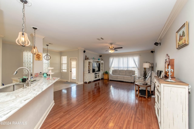 living room featuring sink, ceiling fan, crown molding, and dark hardwood / wood-style flooring