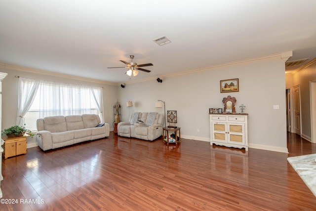 unfurnished living room featuring crown molding, dark hardwood / wood-style flooring, and ceiling fan