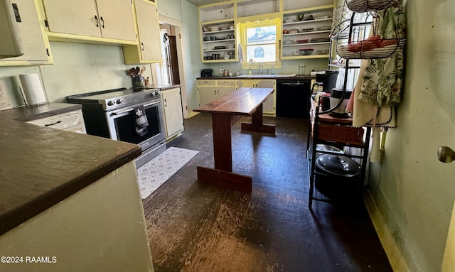 510 S Adams St, Welsh, LA 70591 - kitchen with electric range, open shelves, dishwasher, and dark countertops