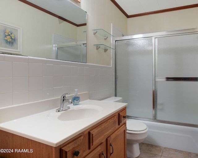 full bathroom with vanity, ornamental molding, toilet, and backsplash