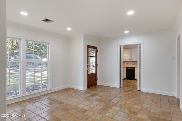 tiled empty room with crown molding