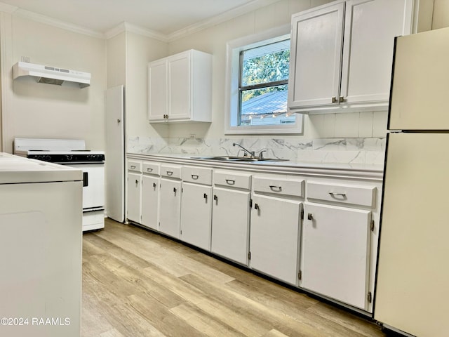 kitchen featuring white appliances, light hardwood / wood-style floors, white cabinetry, and exhaust hood