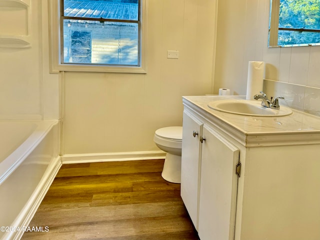 bathroom featuring vanity, toilet, and hardwood / wood-style flooring