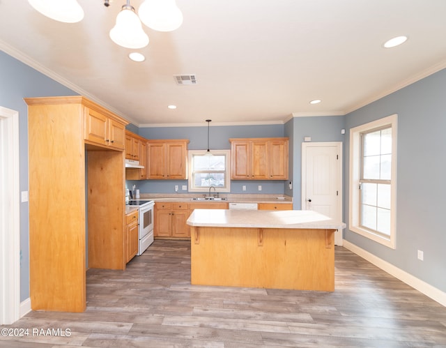 kitchen featuring a wealth of natural light, a kitchen island, light hardwood / wood-style flooring, and white appliances