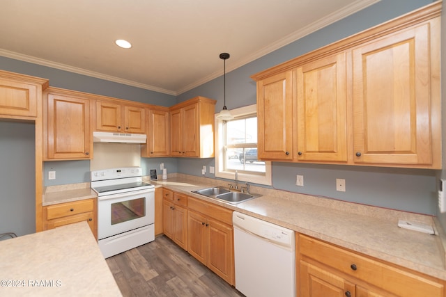 kitchen featuring white appliances, sink, decorative light fixtures, dark wood-type flooring, and crown molding