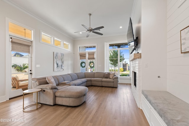 living room with ceiling fan, ornamental molding, light wood-type flooring, and a fireplace